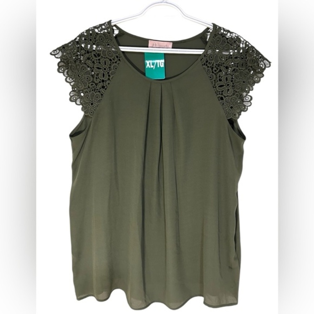 Philosophy plus size olive Green Lace Cap Sleeve floral blouse- size 1X